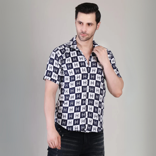Men’s Casual Black & White Printed Half Sleeve Cotton Shirt | kottonthread | UHSS‑132
