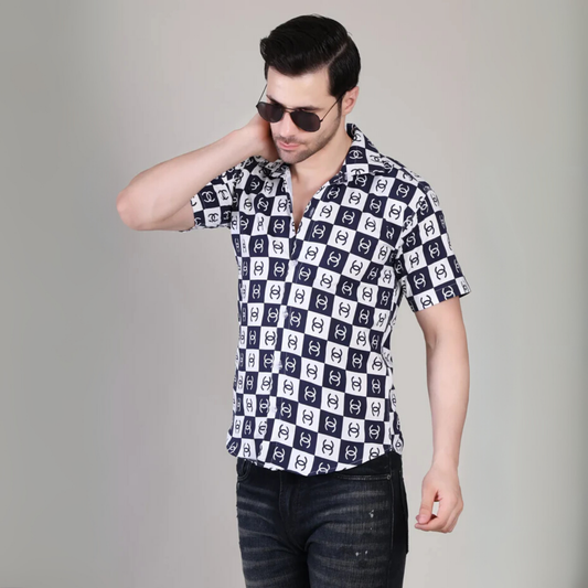 Men’s Casual Black & White Printed Half Sleeve Cotton Shirt | kottonthread | UHSS‑132