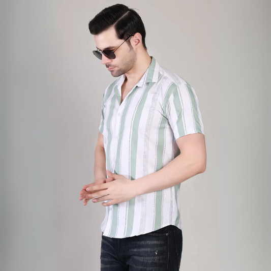 Men’s Casual Sea Green Striped Half Sleeve Cotton Shirt | kottonthread | UHSS-172