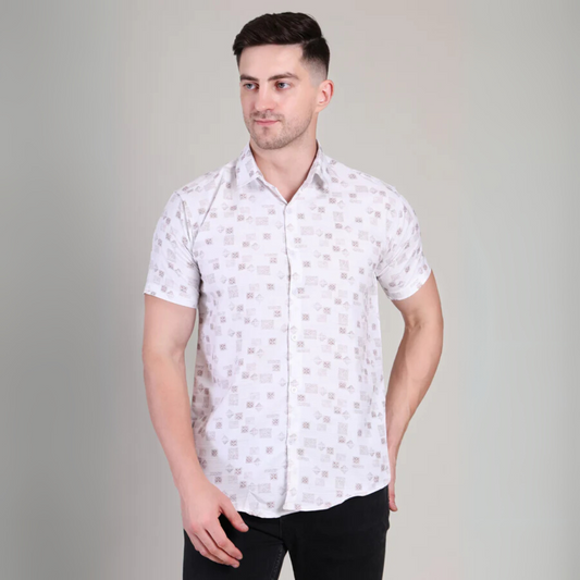 Men’s Casual White Printed Half Sleeve Cotton Shirt | kottonthread | GHS-193