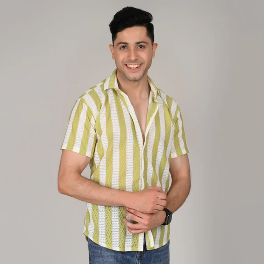 Men’s Casual Lime Green & White Striped Half Sleeve Cotton Shirt | kottonthread | SHS‑01