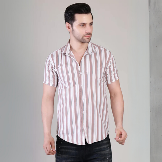 Men’s Casual Brown Striped Half Sleeve Cotton Shirt | kottonthread | UHSS-169