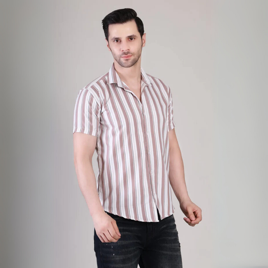 Men’s Casual Brown Striped Half Sleeve Cotton Shirt | kottonthread | UHSS-169