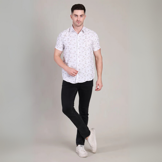 Men’s Casual White Printed Half Sleeve Cotton Shirt | kottonthread | GHS-193