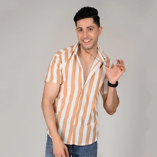 Men’s Casual Orange & White Striped Half Sleeve Cotton Shirt | kottonthread | SHS‑04