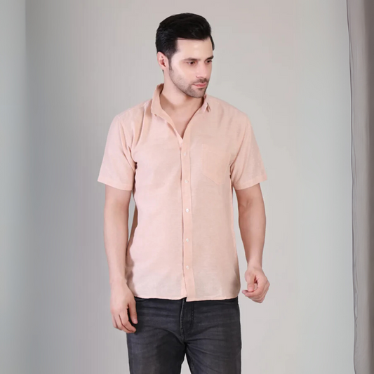 Affordable Men’s Casual Beige Plain Half Sleeve Cotton Shirt | kottonthread | BHS‑125