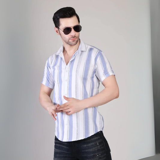 Men’s Casual Classic Blue Striped Half Sleeve Cotton Shirt | kottonthread | UHSS‑171