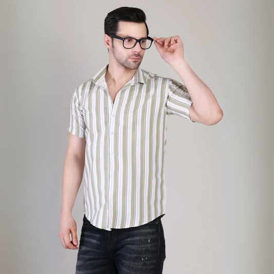 Men’s Casual Olive Green Striped Half Sleeve Cotton Shirt | kottonthread | UHSS‑170