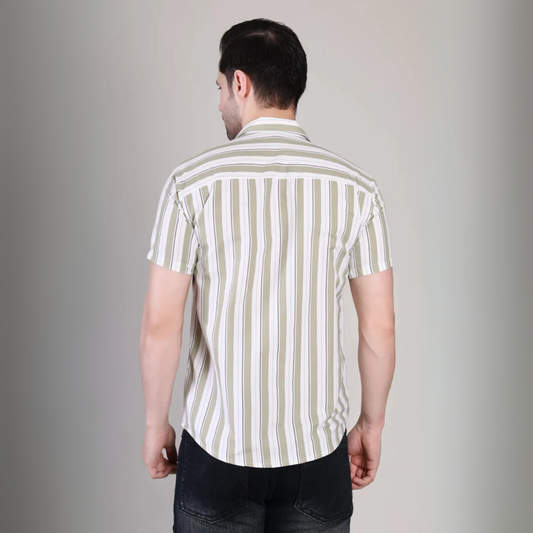 Men’s Casual Olive Green Striped Half Sleeve Cotton Shirt | kottonthread | UHSS‑170