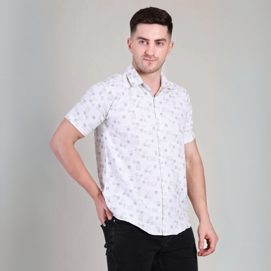 Men’s Casual White Printed Half Sleeve Cotton Shirt | kottonthread | GHS-194
