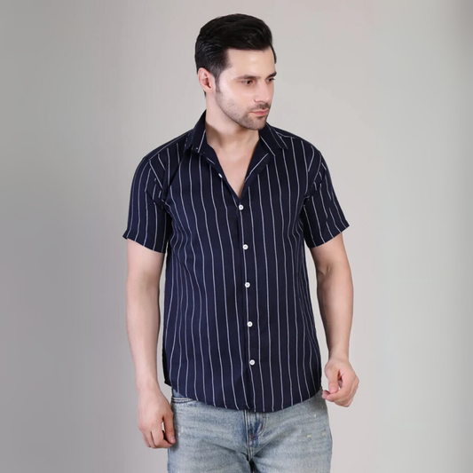 Men’s Casual Blue Striped Half Sleeve Cotton Shirt | kottonthread| UHSS‑156