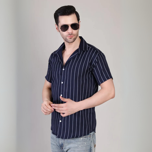 Men’s Casual Blue Striped Half Sleeve Cotton Shirt | kottonthread| UHSS‑156