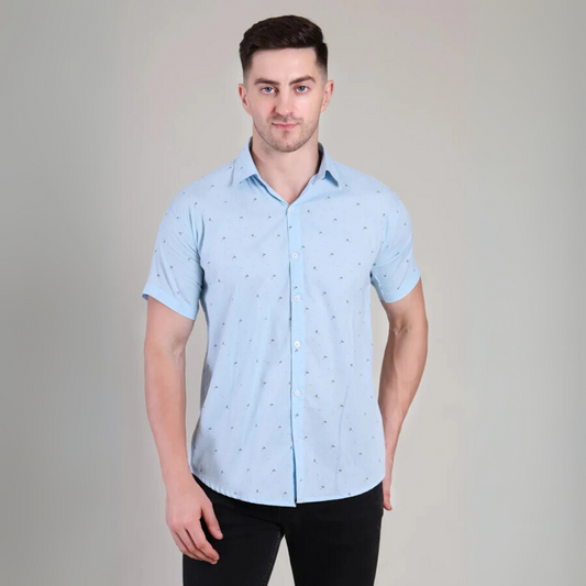 Affordable Men’s Casual Light Blue Printed Half Sleeve Cotton Shirt | kottonthread | BHS‑183