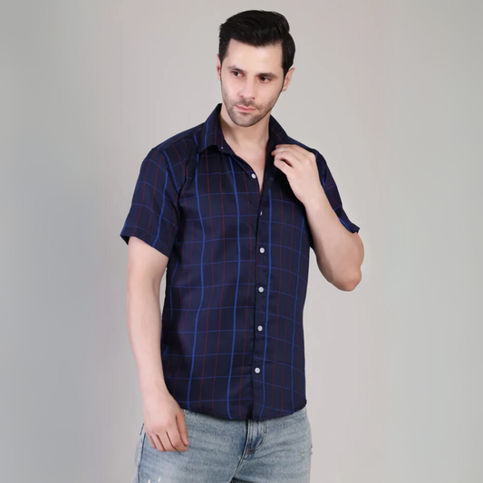 Men’s Casual Blue Striped Half Sleeve Cotton Shirt | kottonthread | UHSS-157