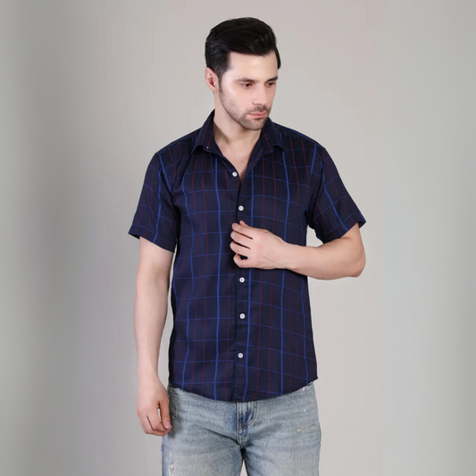 Men’s Casual Blue Striped Half Sleeve Cotton Shirt | kottonthread | UHSS-157