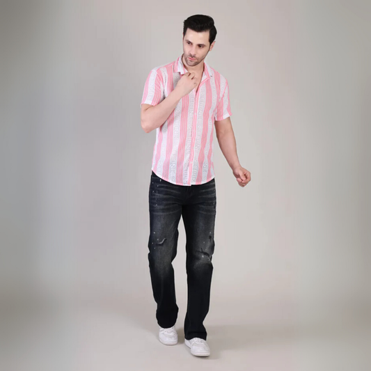 Men’s Casual Light Pink Striped Half Sleeve Cotton Shirt | kottonthread | SHS‑178