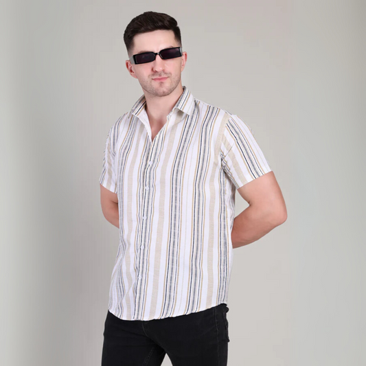 Men’s Casual White Striped Half Sleeve Cotton Shirt | kottonthread | GHS-197