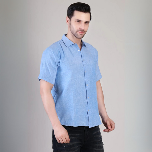 Affordable Men’s Casual Sky Blue Plain Half Sleeve Cotton Shirt | kottonthread | BHS‑124
