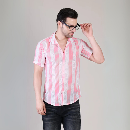 Men’s Casual Light Pink Striped Half Sleeve Cotton Shirt | kottonthread | SHS‑178