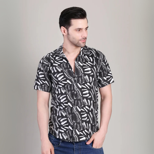 Men’s Casual Black Printed Half Sleeve Cotton Shirt | kottonthread | UHSS‑129