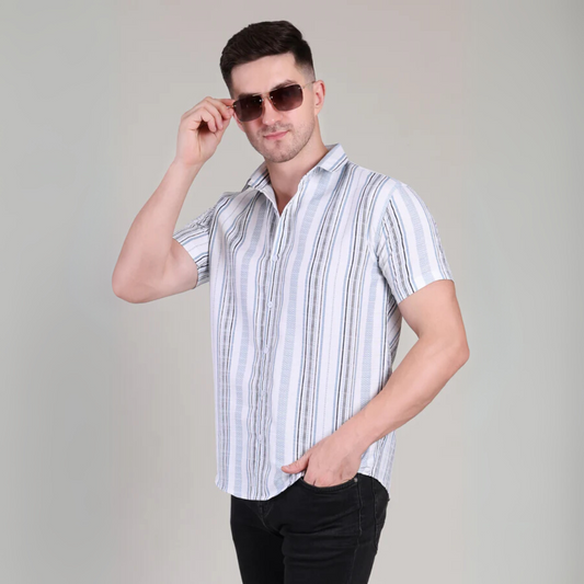 Men’s Casual White Striped Half Sleeve Cotton Shirt | kottonthread | GHS-196