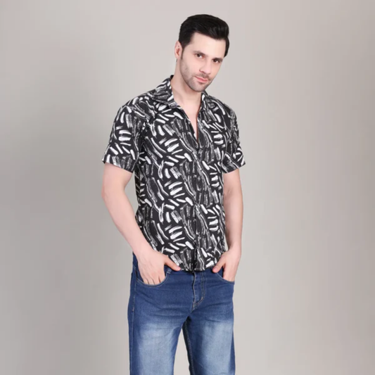 Men’s Casual Black Printed Half Sleeve Cotton Shirt | kottonthread | UHSS‑129
