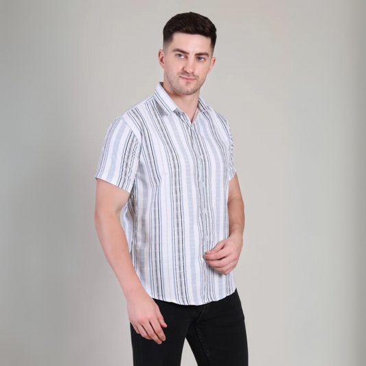 Men’s Casual White Striped Half Sleeve Cotton Shirt | kottonthread | GHS-196