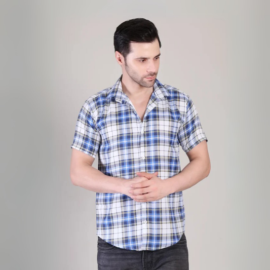 Men’s Casual Blue & Whited Checked Half Sleeve Cotton Shirt | kottonthread | SHS‑161
