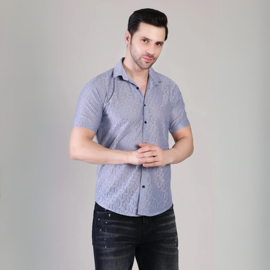 Men’s Casual Grey Patterned Half Sleeve Cotton Shirt | kottonthread | SHS‑151
