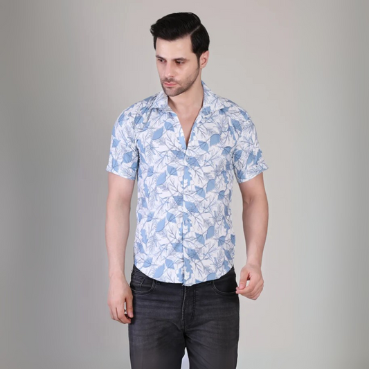 Men’s Casual Sky Blue Leaf Printed Half Sleeve Cotton Shirt | kottonthread | UHSS‑134