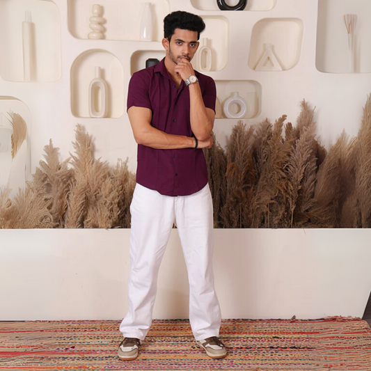 Men’s Casual Plum Purple Half Sleeve Cotton Shirt | kottonthread | SHS‑145
