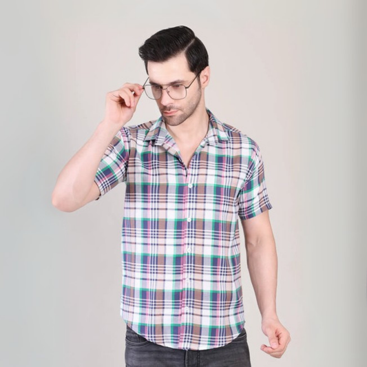 Men’s Casual Multicolor Checked Half Sleeve Cotton Shirt | kottonthread | UHSS‑162