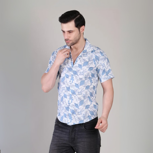 Men’s Casual Sky Blue Leaf Printed Half Sleeve Cotton Shirt | kottonthread | UHSS‑134