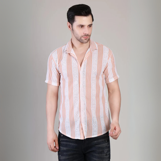 Men’s Casual White & Peach Striped Half Sleeve Cotton Shirt | kottonthread | SHS‑176