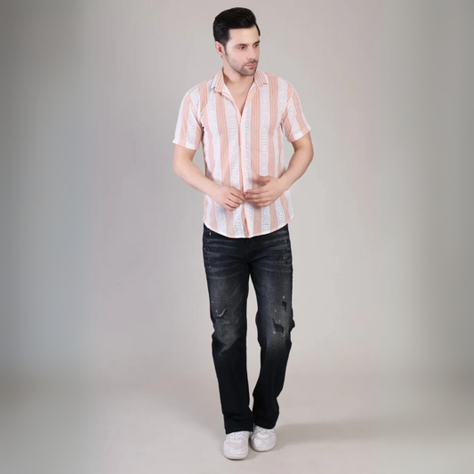 Men’s Casual White & Peach Striped Half Sleeve Cotton Shirt | kottonthread | SHS‑176