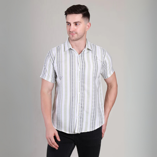 Men’s Casual White Striped Half Sleeve Cotton Shirt | kottonthread | GHS-197