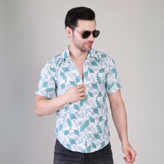 Men’s Casual Blue Leaf Printed Half Sleeve Cotton Shirt | kottonthread | UHSS‑135