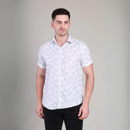Men’s Casual White Printed Half Sleeve Cotton Shirt | kottonthread | GHS-192