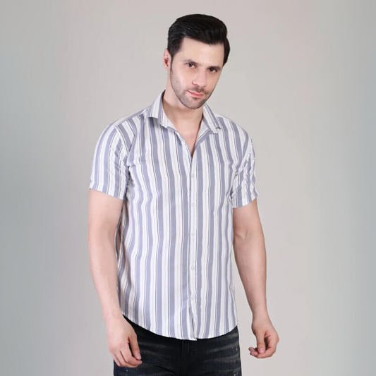 Men’s Casual Grey Striped Half Sleeve Cotton Shirt | kottonthread | UHSS‑168