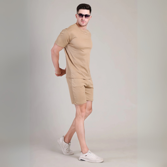 Men’s Beige Co-Ord Set Plain T-Shirt & Shorts | Comfortable Summer Outfit by kottonthread | NS-28