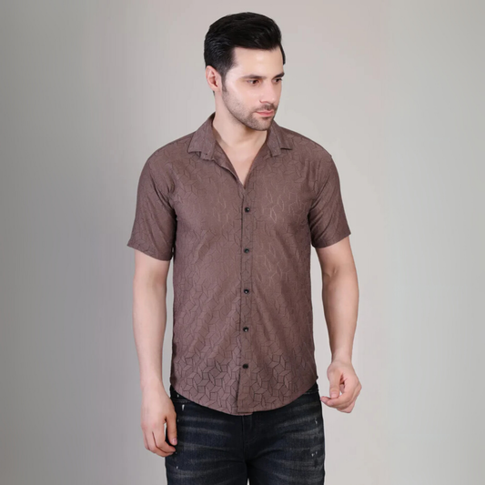 Men’s Casual Brown Patterned Half Sleeve Cotton Shirt | kottonthread | UHSS‑149
