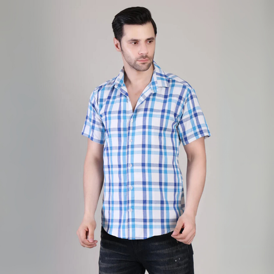 Men’s Casual Blue Checked Half Sleeve Cotton Shirt | kottonthread | UHSS-158