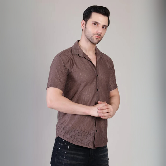 Men’s Casual Brown Patterned Half Sleeve Cotton Shirt | kottonthread | UHSS‑149