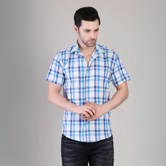 Men’s Casual Blue Checked Half Sleeve Cotton Shirt | kottonthread | UHSS-158