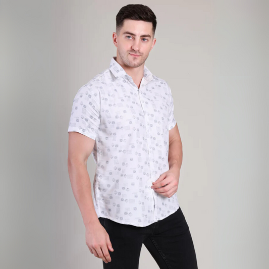 Men’s Casual White Printed Half Sleeve Cotton Shirt | kottonthread | GHS-192
