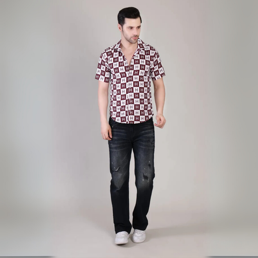 Everyday Men’s Casual Shirt | Stylish Maroon & White Printed Design | Soft, Comfortable & Durable Cotton for Work, Travel & Leisure | UHSS‑131