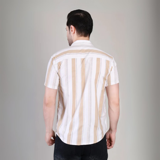 Men’s Casual Beige Striped Half Sleeve Cotton Shirt | kottonthread | UHSS‑173