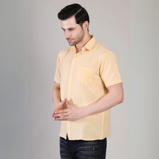 Affordable Men’s Casual Light Yellow Plain Half Sleeve Cotton Shirt | kottonthread | BHS‑123