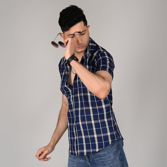Men’s Casual Blue Checked Half Sleeve Cotton Shirt | kottonthread| UHSS‑15