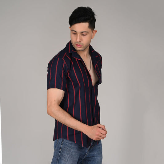 Men’s Casual Black & Red Striped Half Sleeve Cotton Shirt | kottonthread | UHSS‑14